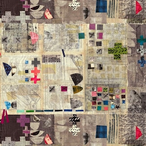 May include: Abstract mixed media artwork with a patchwork design. The piece features a collage of various textures, including paper, fabric, and paint. The color palette includes muted tones of gray, beige, and brown, accented by pops of bright colors like red, blue, and green. The artwork has a geometric and layered composition.