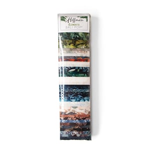 May include: A Hoffman Elements Bali Pop fabric jelly roll wrapped in clear plastic. The stack contains multiple strips of fabric featuring various botanical and abstract patterns in shades of green, blue, brown, and cream, with the brand label visible.
