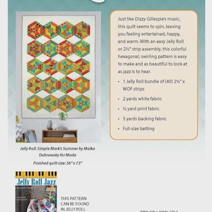May include: A book cover for the "Hex-A-Dizzy Quilt" pattern. The cover features a colorful quilt with a hexagonal design. The finished quilt size is 56" x 73". The book also includes a list of materials needed to make the quilt.