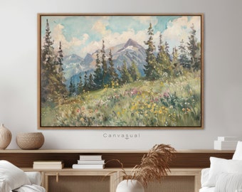 Vintage Meadow Landscape Framed Canvas Painting Wall Art, Extra Large Country House Bedroom Wall Art, Modern Gallery Living Room Wall Art