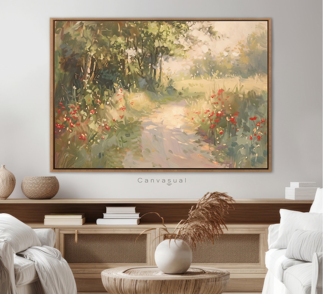 Large Wildflower Landscape Oil Painting Framed Print, Minimalist Framed
