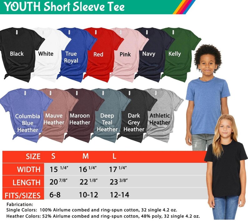 May include: Youth short sleeve tee shirt size chart with color options including black, white, true royal, red, pink, navy, kelly, columbia blue heather, mauve heather, maroon heather, deep teal heather, dark grey heather, and athletic heather. The chart shows the width and length measurements in inches for sizes 6-8, 10-12, and 12-14.