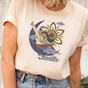 Disney Aladdin Cute Jasmine & Aladdin Flying Carpet Shirt, Disney Aladdin Shirt, Cute Jasmine and Aladdin Flying Carpet Floral T-shirt