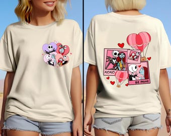 ジャック・スケリントンとサリー・スケリントンのバレンタインデーシャツ、ディズニーカップルシャツ、ジャックとサリーシャツ、バレンタインデーシャツ