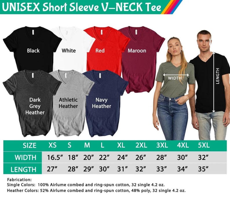 Puede incluir: Exhibici&oacute;n de camisetas unisex de manga corta con cuello en V en varios colores, como negro, blanco y rojo. La imagen incluye una tabla de tallas con medidas de ancho y largo en pulgadas, e informaci&oacute;n sobre la tela.