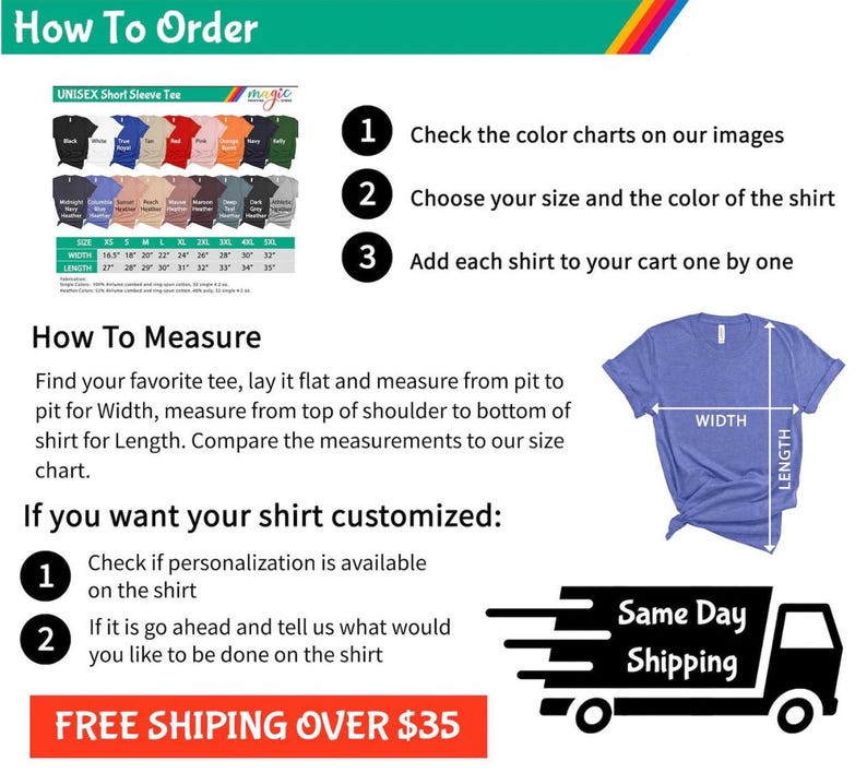 Puede incluir: Imagen con instrucciones sobre c&oacute;mo pedir una camiseta unisex de manga corta. La imagen incluye una tabla de colores, una tabla de tallas e instrucciones sobre c&oacute;mo medir la camiseta. La imagen tambi&eacute;n incluye un gr&aacute;fico de un cami&oacute;n con las palabras "Same Day Shipping".