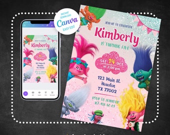 Printable birthday invitation, Editable trolls Invite, Girl Birthday, Electronic invitation, poppy Invite templatetemplate, trolls party