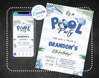 Pool party invitation, Pool party birthday, printable editable boy girl invite template, neon invitation, pool neon party, boy summer b-day