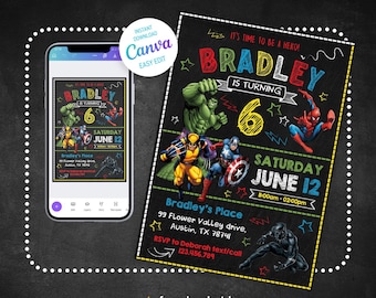 Editable Invitation | Printable Boy Birthday Invite, Electronic invitation, Instant Download | superhero Invite template, monster invitation