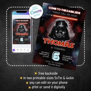 Printable birthday invite, Editable invitation, instant Download, wars invitation, Star invite, wars invitation, darth vader birthday party