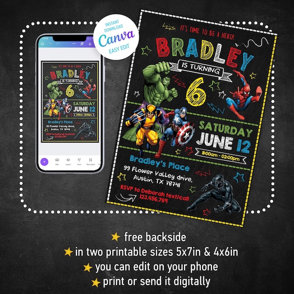 Editable Invitation | Printable Boy Birthday Invite, Electronic invitation, Instant Download | superhero Invite template, monster invitation