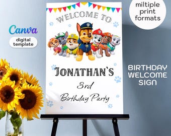Paw-ty Willkommensschild, Patrouille Geburtstagsparty-Dekor, Welpen Patrol Eintrag Poster, Willkommensschild Pfote Hund Dekor, Benutzerdefinierte Paw Patrol Schild