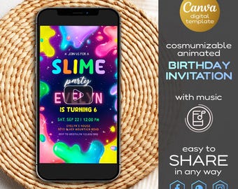 May include: A smartphone displays a colorful birthday party invitation with the text "SLIME party" and "Evelyn is turning 6." The invitation is a Canva digital template, animated, and easy to share. The phone rests on a woven, circular placemat.