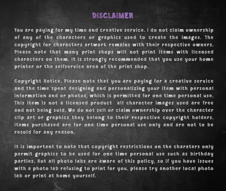 K&ouml;nnte beinhalten: Schwarzwei&szlig;er Text auf einem dunkelgrauen Hintergrund mit dem Wort "DISCLAIMER" in Lila oben. Der Text erkl&auml;rt die Urheberrechtsbestimmungen f&uuml;r digitale Kunstwerke und Grafiken. Er besagt, dass das Kunstwerk nur f&uuml;r den einmaligen pers&ouml;nlichen Gebrauch bestimmt ist und nicht weiterverkauft werden darf.