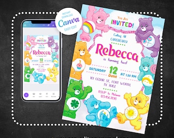 Printable Editable Care Bears Birthday Invitation, Birthday Party Invite, digital Party Invitation template, Care Bears Invitation Card