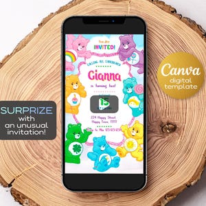 May include: A smartphone displays a digital birthday invitation featuring Care Bears. The invitation includes the name "Gianna", event details, and the text "You Are Invited!" and "Surprize with an unusual invitation!" A "Canva digital template" logo is also visible.