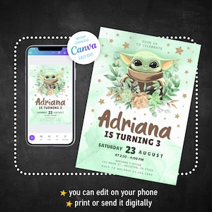 Baby yoda Birthday Invitation, Star wars invite, printable grogu invitation, Instant Download, editable Birthday Invite template image 1