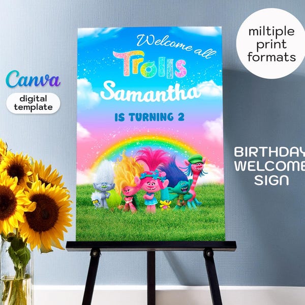 Trolls printable welcome sign template, Poppy Birthday Party welcome in poster, Trolls Music girl birthday
