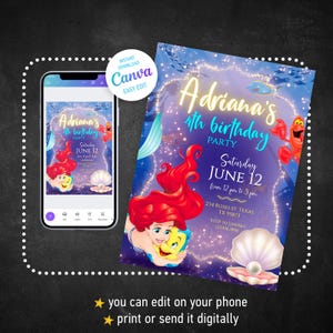 Pu&ograve; includere: Un invito per una festa di compleanno a tema sirena. L'invito include il testo "Adriana's 4th birthday party" e la data "Saturday June 12". Il design include illustrazioni di una sirena, una conchiglia e un'aragosta.