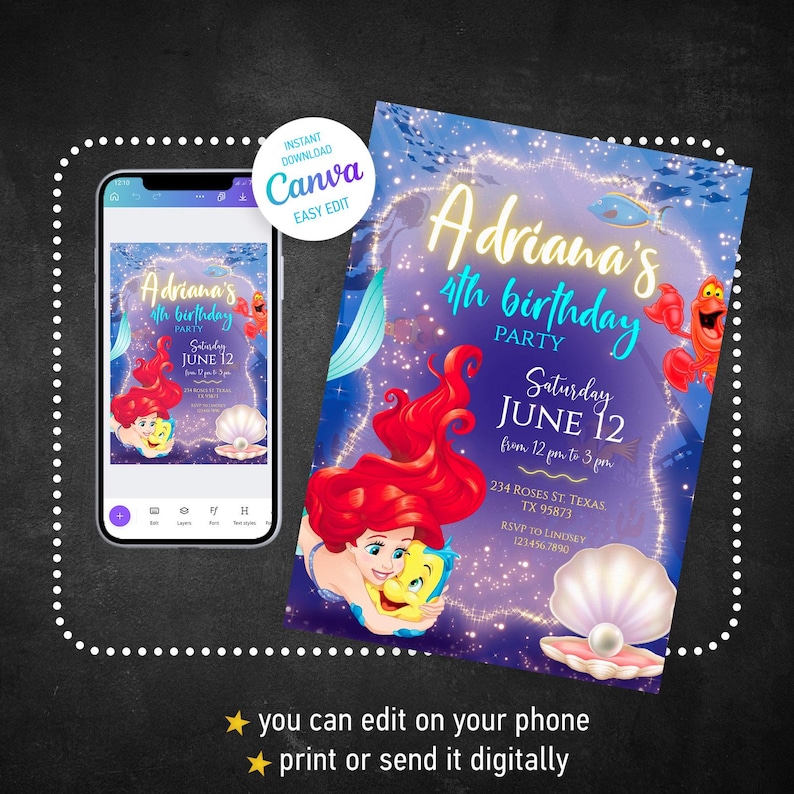 Pu&ograve; includere: Un invito per una festa di compleanno a tema sirena. L'invito include il testo "Adriana's 4th birthday party" e la data "Saturday June 12". Il design include illustrazioni di una sirena, una conchiglia e un'aragosta.