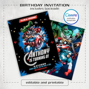 Printable boy birthday invite, Super Hero editable party invitation, Spiderman, Hulk, Captain America invite template, Avengers invitation