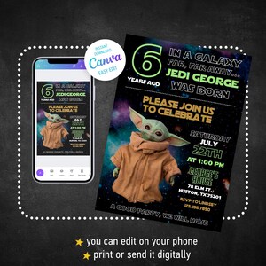 May include: A digital invitation featuring a Star Wars theme with the text "Jedi George Was Born." The invitation includes an image of Grogu, event details, and the option to edit on a phone or print.