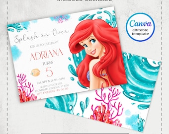 Princess Ariel Birthday invitation, Girl editable invite template, little mermaid printable invitation, under sea party, instant download