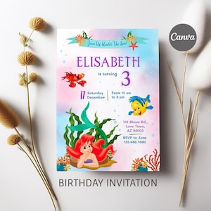 Invitation d'anniversaire de la princesse Ariel, modèle d'invitation modifiable pour fille, petite invitation imprimable de sirène, fête sous la mer, téléchargement immédiat