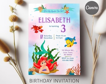 Zaproszenie urodzinowe księżniczki Ariel, edytowalny szablon zaproszenia dla dziewczynki, zaproszenie do wydruku małej syrenki, impreza pod wodą, natychmiastowe pobranie