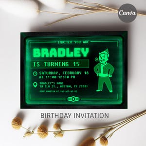 May include: A green birthday invitation with the name "Bradley" in large letters. The invitation includes the date, time, and location of the party, along with a cartoon character and the words "Birthday Invitation".