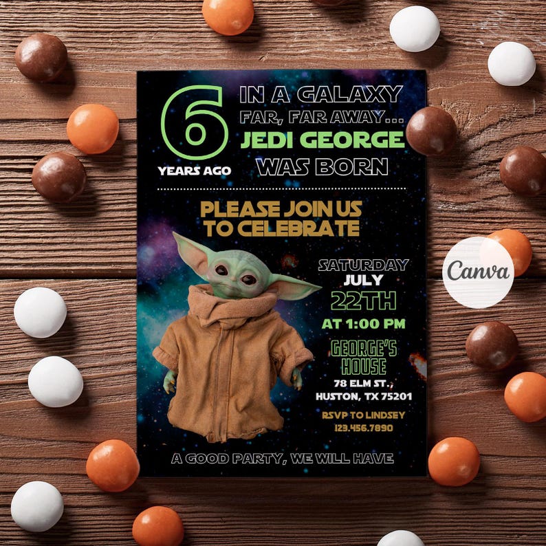 May include: A black birthday party invitation with a Star Wars theme. The invitation features the text "Jedi George Was Born" and an image of Grogu. The invitation includes the date, time, and location of the party.