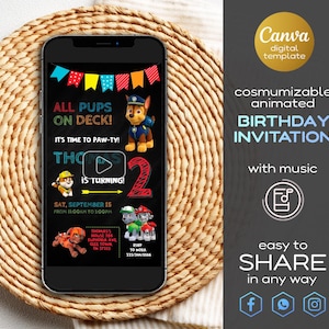 Puede incluir: Una invitación de cumpleaños digital en la pantalla de un teléfono inteligente, con personajes de dibujos animados y el texto "All Pups on Deck!" y "It's Time to Paw-ty!". La invitación incluye la fecha, hora y lugar de la fiesta.