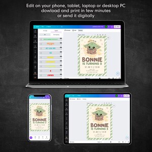 May include: A laptop, tablet, and smartphone displaying a birthday invitation design. The invitation features a cartoon character and the text "Bonnie is Turning 5". The devices are on a dark surface, with text above them stating editing options.