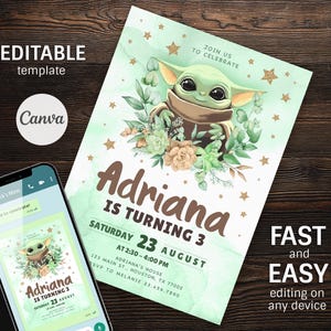 Baby yoda Birthday Invitation, Star wars invite, printable grogu invitation, Instant Download, editable Birthday Invite template image 5