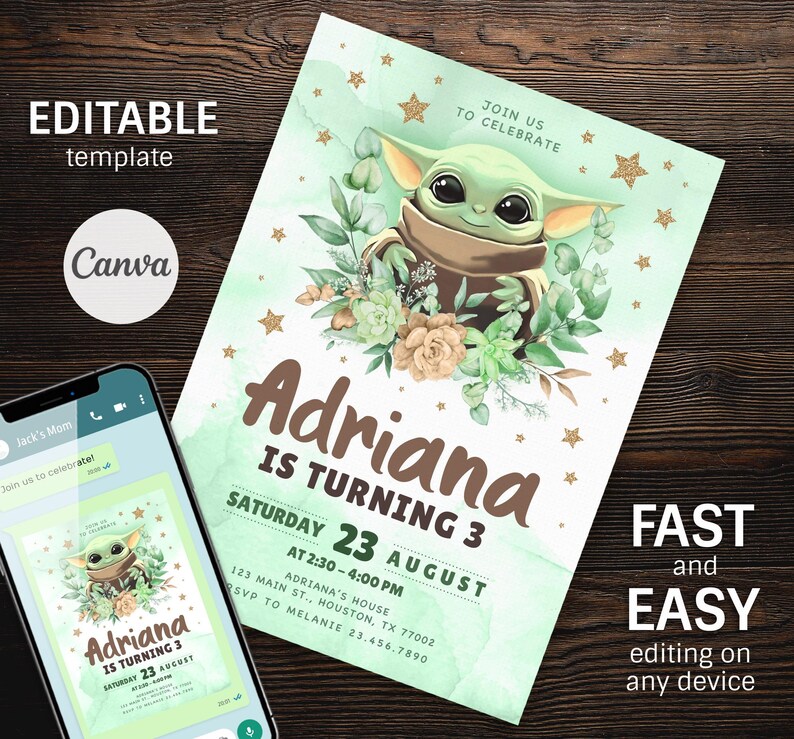 Baby yoda Birthday Invitation, Star wars invite, printable grogu invitation, Instant Download, editable Birthday Invite template image 5