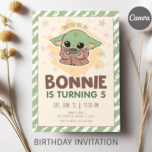 May include: A birthday invitation featuring a cartoon character holding a cup. The invitation has a green and white border, with the text "BONNIE IS TURNING 5" in brown and green. The date and time are also included.
