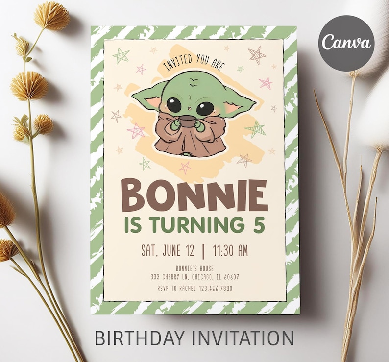 May include: A birthday invitation featuring a cartoon character holding a cup. The invitation has a green and white border, with the text "BONNIE IS TURNING 5" in brown and green. The date and time are also included.