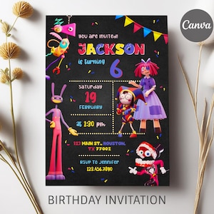 Könnte beinhalten: Eine Geburtstagseinladung mit schwarzem Hintergrund und bunten Cartoonfiguren. Die Einladung lautet "JACKSON wird 6" mit Datum, Uhrzeit und RSVP-Informationen. Die Worte "BIRTHDAY INVITATION" stehen unten.