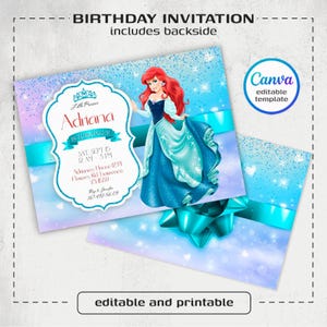 Princess Ariel Birthday invitation, Girl editable invite template, little mermaid printable invitation, under sea party, instant download