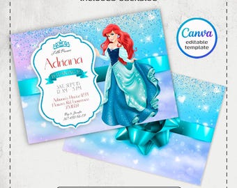 Princess Ariel Birthday invitation, Girl editable invite template, little mermaid printable invitation, under sea party, instant download