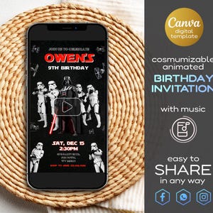 Puede incluir: Un teléfono inteligente negro muestra una invitación digital de cumpleaños con personajes de Star Wars. La invitación dice "9º Cumpleaños de Owen" e incluye la fecha y la hora. El teléfono está sobre un mantel individual circular y tejido. El lado derecho de la imagen tiene el texto "Canva plantilla digital".