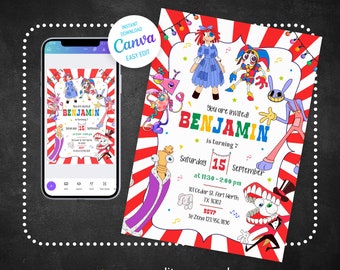 Peut inclure: Une invitation d'anniversaire colorée sur le thème du cirque. L'invitation présente un fond à rayures rouges et blanches avec une variété de personnages de dessins animés, dont un clown, une poupée et un monstre. Le texte sur l'invitation se lit comme suit : "Vous êtes invités ! Benjamin a 7 ans. Samedi 15 septembre de 11h30 à 14h00. 101 Cedar St. Fort Werth TX 16102 RSVP à Zena 123.456.7830"