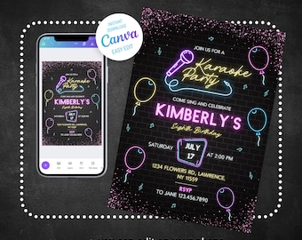 Editable Karaoke Party Birthday Invitation, Sing Glow Karaoke birthday party neon singing music invite printable template