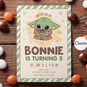 May include: A birthday invitation featuring a cartoon character holding a cup. The invitation reads "BONNIE IS TURNING 5" with the date and time. The design includes stars and a green and white border.