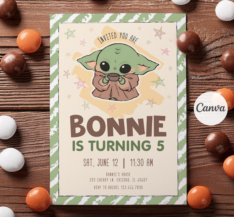 May include: A birthday invitation featuring a cartoon character holding a cup. The invitation reads "BONNIE IS TURNING 5" with the date and time. The design includes stars and a green and white border.