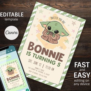 May include: An invitation template featuring a cartoon character and the text "Bonnie is turning 5". The invitation includes the date, time, and location of the party. The design is light green and beige with star accents. The words "Fast and Easy" are also visible.
