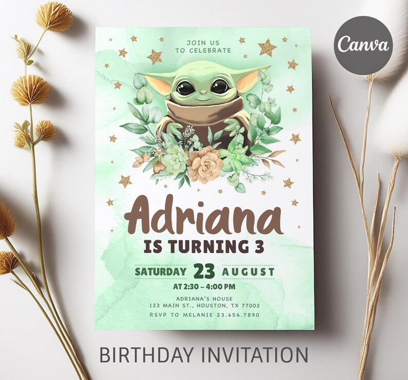 Baby yoda Birthday Invitation, Star wars invite, printable grogu invitation, Instant Download, editable Birthday Invite template image 3