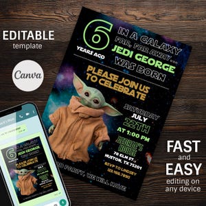 May include: A birthday party invitation featuring a Star Wars theme with the text "Jedi George Was Born." The invitation includes an image of a character, event details, and the text "Please Join Us To Celebrate."
