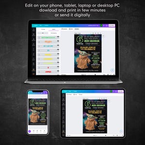 May include: A digital invitation design featuring a Star Wars theme with the text "In a galaxy far, far away... Jedi George was born." The invitation is displayed on a laptop, tablet, and phone, with the text "Edit on your phone, tablet, laptop or desktop PC download and print in few minutes or send it digitally."