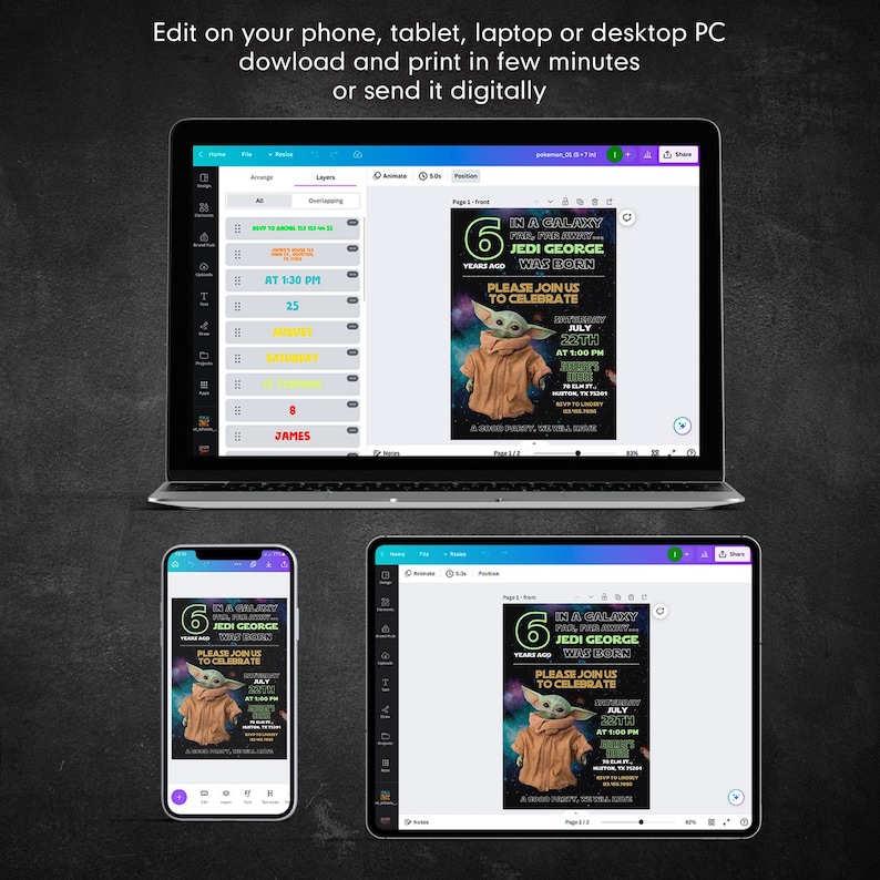 May include: A digital invitation design featuring a Star Wars theme with the text "In a galaxy far, far away... Jedi George was born." The invitation is displayed on a laptop, tablet, and phone, with the text "Edit on your phone, tablet, laptop or desktop PC download and print in few minutes or send it digitally."